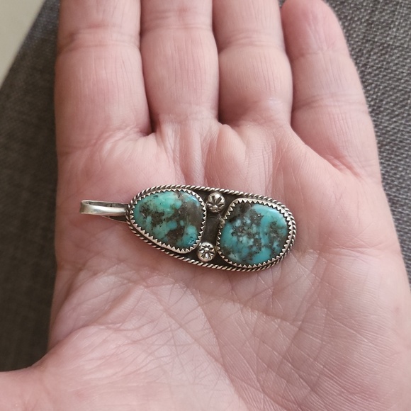 Native American Navajo Handmade Whitewater Turquoise Double Stone Pendant 💙💚🎁 - Picture 6 of 8